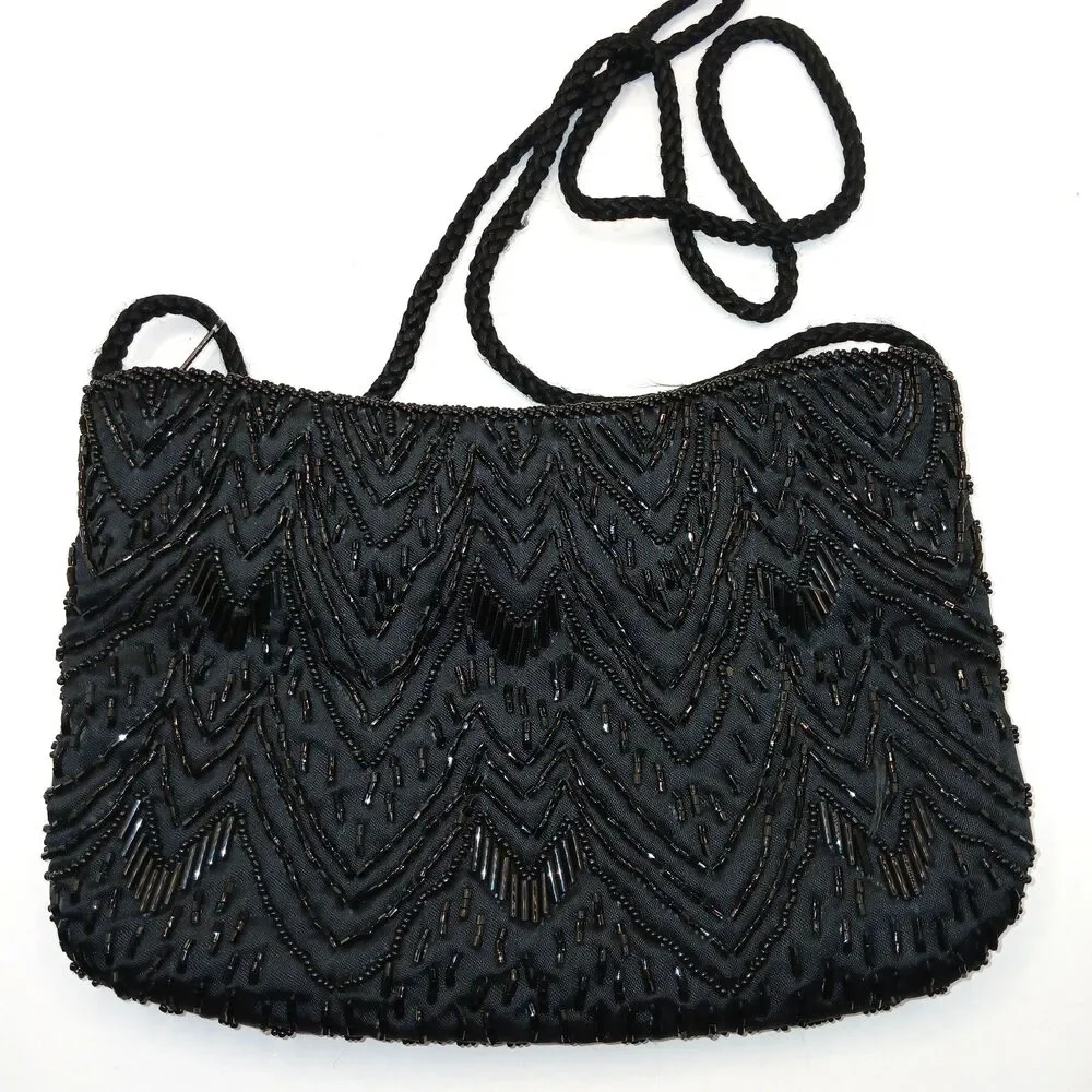 Vintage Carolyne Barton Night Black Beaded Evening Bag Should Strap 5.5x8.25 in